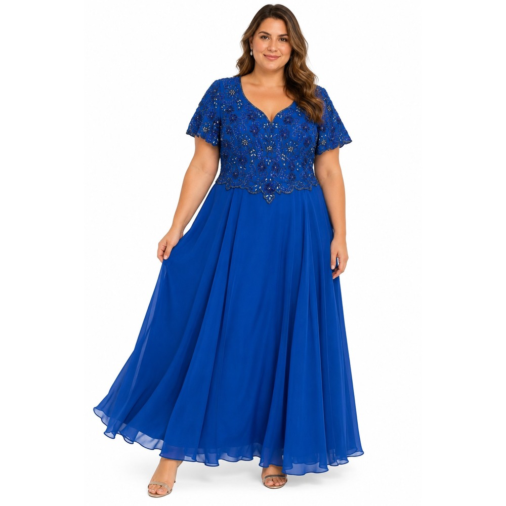 vtg Scala Womens XXL Blue Beaded Sequin Chiffon Maxi Dress Formal Evening Gown